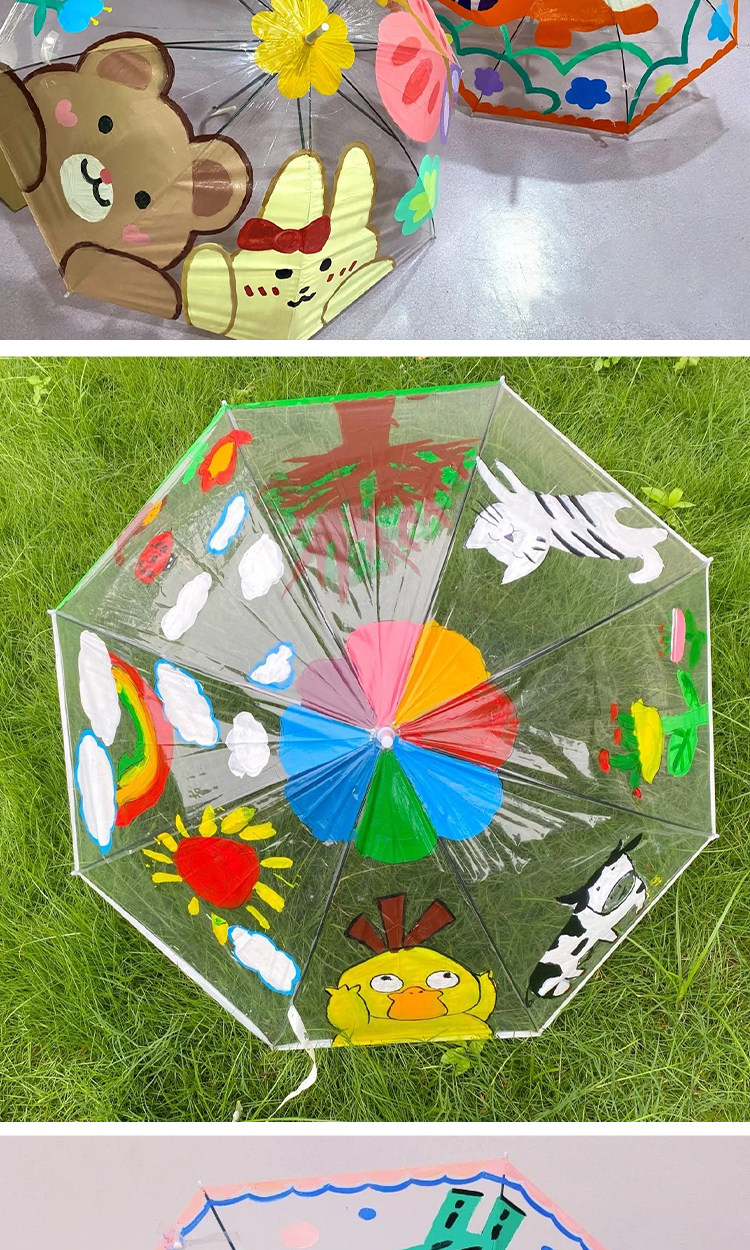 幼儿园透明雨伞diy手工伞儿童绘画材料手绘涂鸦画画空白色长柄伞