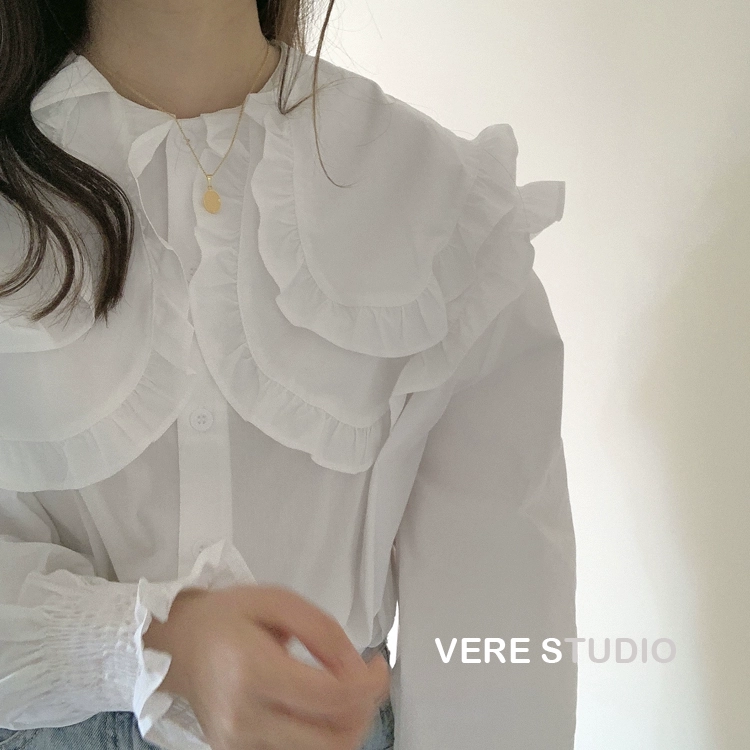 Hàn Quốc trong retro hai lớp cổ áo lá sen áo sơ mi dài tay đầu mùa thu thiết kế thích hợp nhẹ và ngọt ngào áo sơ mi trắng của phụ nữ - Áo sơ mi dài tay