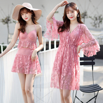 2021 new adult swimsuit female summer cover belly Japanese three-piece long micro fat large size pregnant woman fat mm Conservative