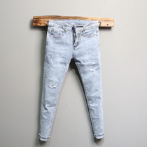 Light color jeans mens Tide brand 2020 spring and summer thin hole patch slim small feet Korean trend ankle-length pants