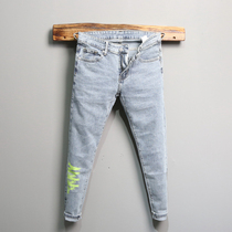 Light Blue Jeans Men Tide Brand Spring and Summer Thin Joker Printed Slim Foot Pants Korean Trend ankle-length pants