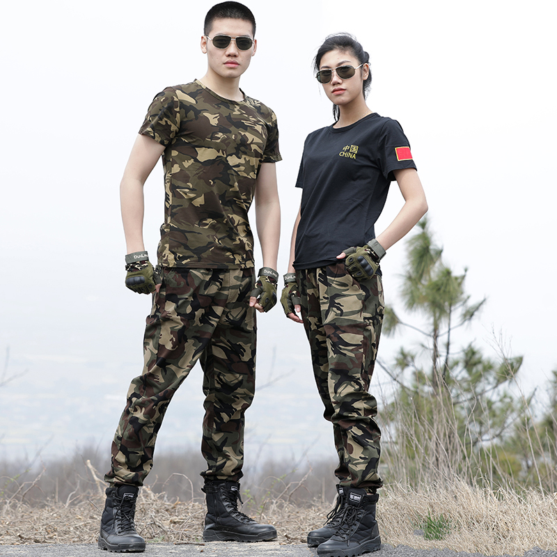 Summer camouflage suit male student military training military fans breathable short sleeves men's round neck Chinese T-shirt + camouflage pants women