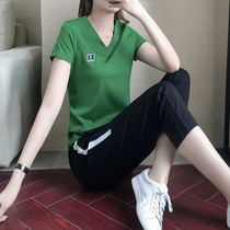 Leisure sports suit women Summer loose ice silk thin short sleeve brand running clothes mother Capri pants two sets