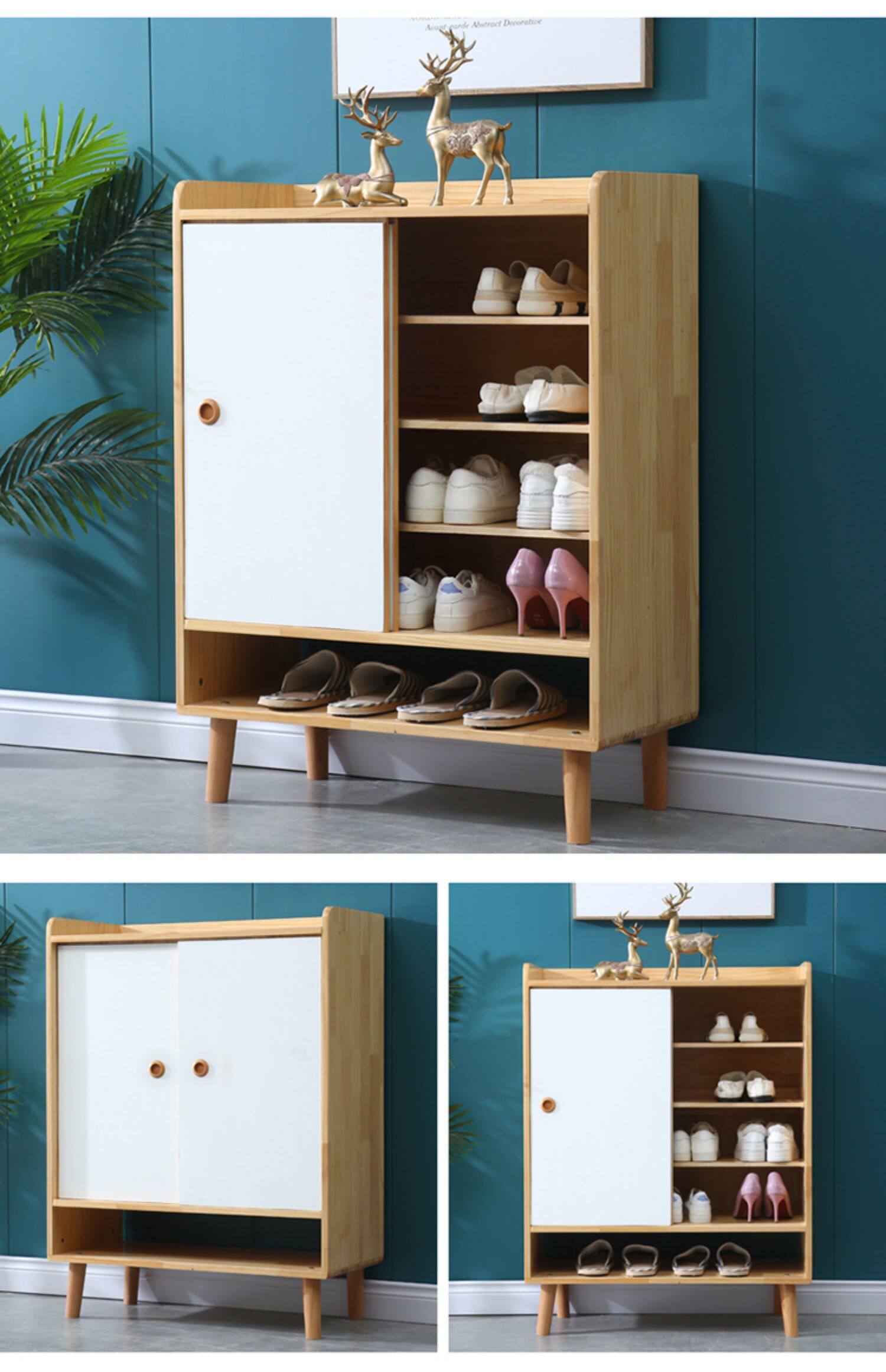 北欧实木鞋柜家用门口简约现代松木移门推拉门大容量收纳柜玄关柜