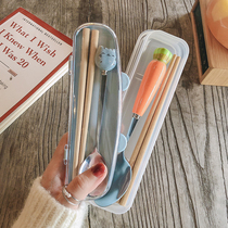 Wooden chopsticks stainless steel spoon cutlery Two suits cute creative portable student outer band containing cutlery box