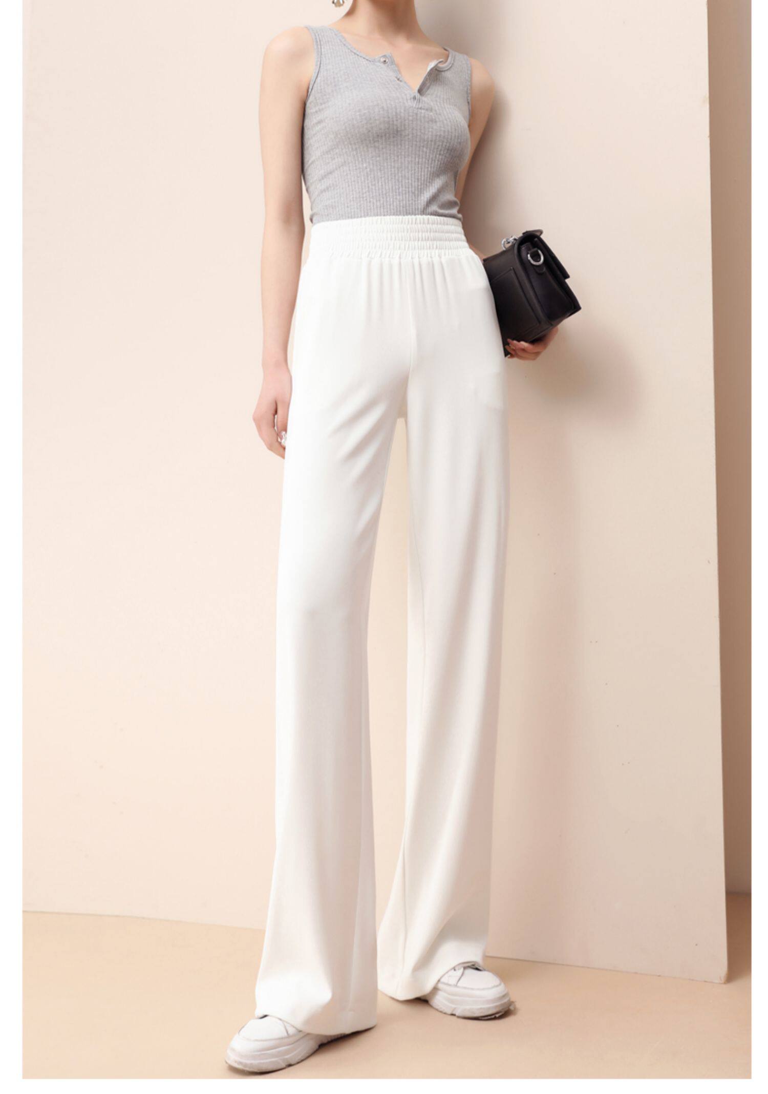 白色雪纺阔腿裤女夏季薄款垂感冰丝直筒裤高腰拖地宽松弹力休闲裤