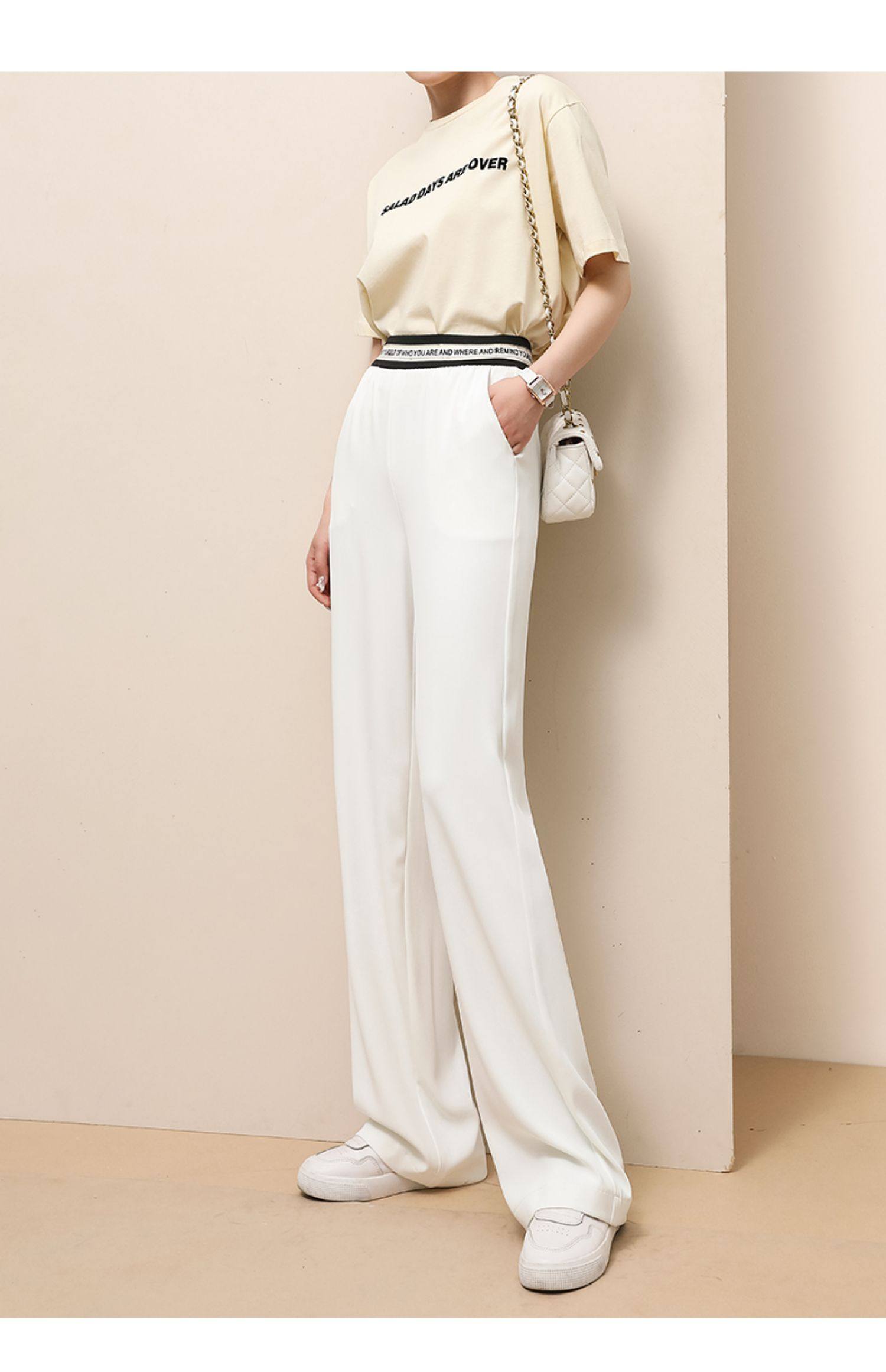 白色雪纺阔腿裤女夏季薄款垂感冰丝直筒裤高腰拖地宽松弹力休闲裤