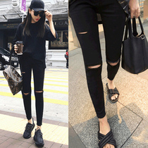 Black ripped jeans womens high waist 2019 spring and autumn new thin feet nine points tight beggar stretch Korean version