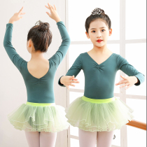 Childrens dance costume girls practice dress girls ballet childrens shape dress Maca green long-sleeved Chinese dance dress