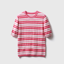 Jung Mei (ZZ0220703) Spring summer high-end peach blossom stripe with thin womens knitted full wool short sleeve hoodie