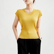 Jung Mei (ZZ0828529) 120S wool U collar short sleeve elegant elastic pit bar knit short sleeve beating bottom