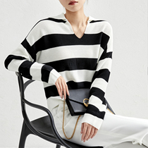 Jung Mei (ZZ0315740) light retro vintage Lazy Breeze dont make V-word turn striped with wool knit blouses