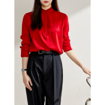 Jung Mei (pro folk version) true silk elastic double Joe satin cabinet in the same ~ 23 early spring button pleated side commuter shirt