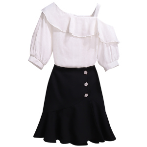 Sweet off shoulder chiffon short sleeve shirt Ruffle Skirt two piece set