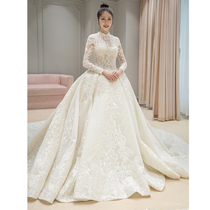 Long sleeve main wedding dress 2021 new advanced sense bride French Super fairy Sensen court wind tailing light winter
