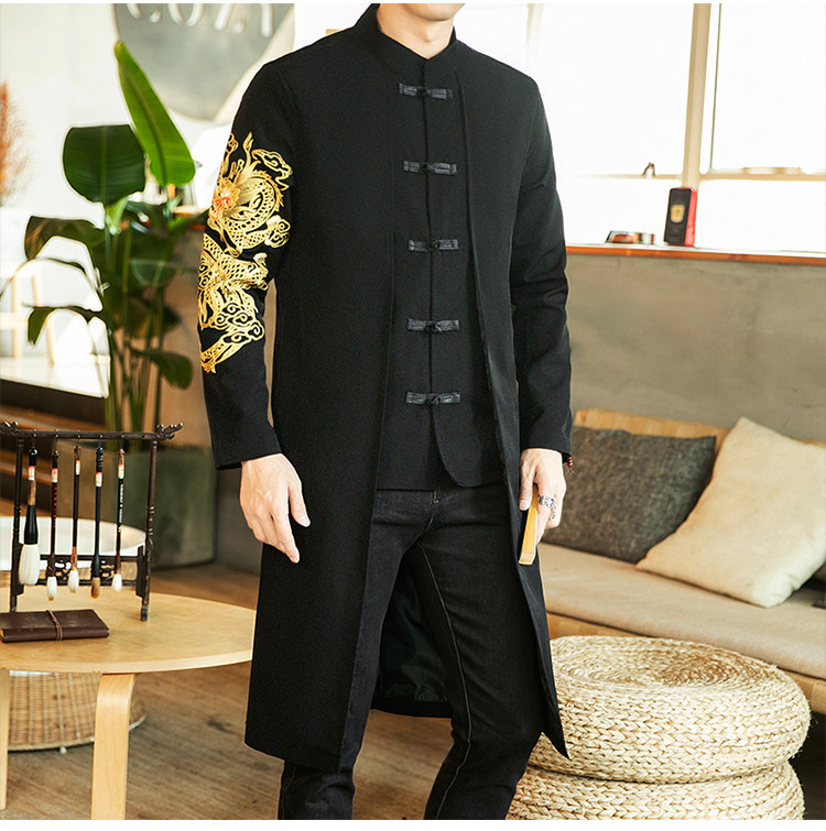 咖啡厅中国风春装假两件盘口风衣金龙刺绣外套a03295控128