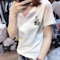 european station 2022 summer new women fashion V-neck lettering hot diamond casual all match loose slim t-shirt top