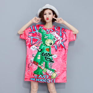 Cartoon casual Quarter Sleeve T-Shirt Medium Length loose half length T-shirt skirt