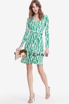French DVF 18 spring summer green twigs printed true silk knitted body wrapped in dress