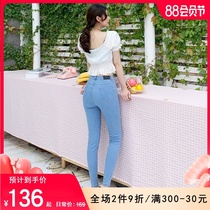 High stretch high waist jeans womens nine-point pants light blue tight feet 2021 spring and summer new slim pencil pants