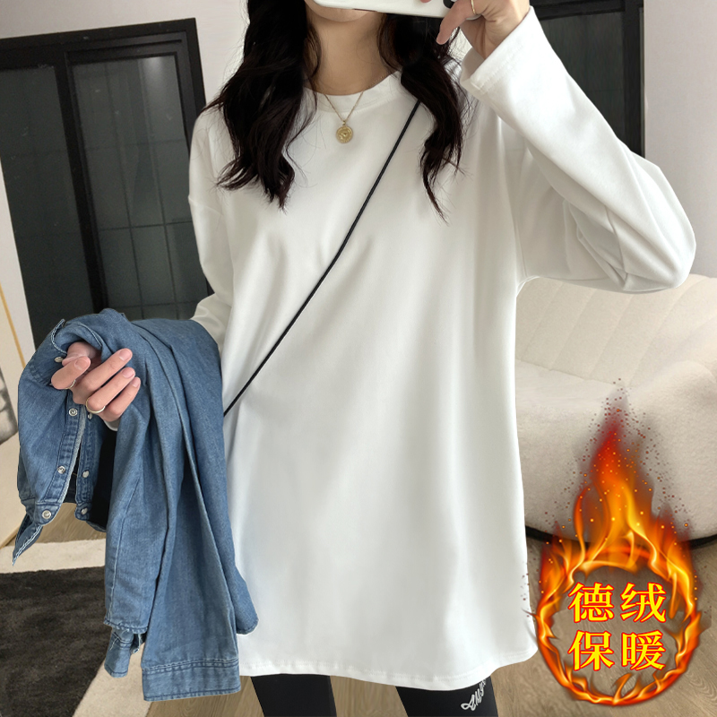 White Duvet Beat Undershirt Woman Autumn Winter Sweatshirt With Loose Shade Pure Cotton Medium Long t-shirt Female Long Sleeves Tide-Taobao