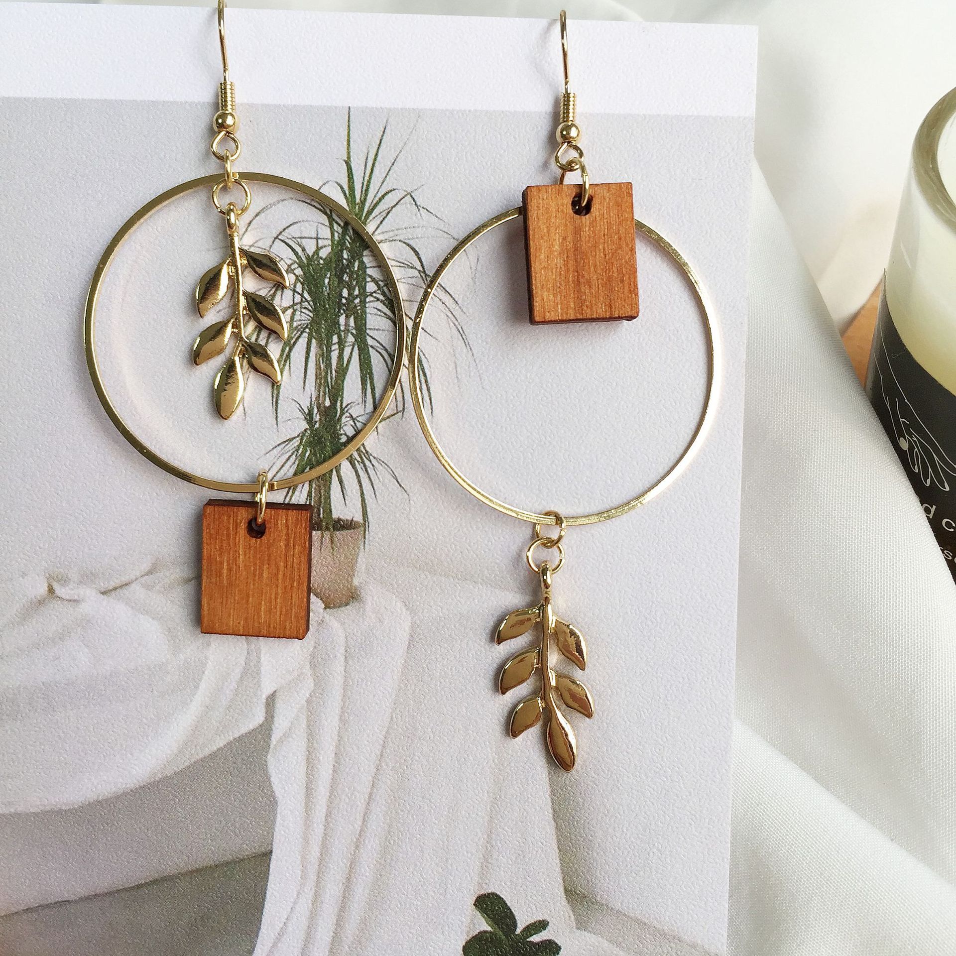 复古手作设计简约几何圆环木质方块树叶不对称耳环气质无耳洞耳夹_7折
