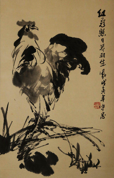 甘肃省美协会员张守忠国画作品四尺三裁花鸟中堂红冠照日荞羽生风