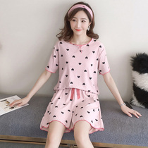 Pajamas womens summer short sleeves Korean version of love fresh students two-piece spring and autumn thin home clothes can be worn outside summer