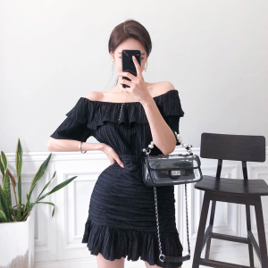 Summer Korean slim off shoulder Ruffle waistband dress