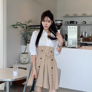 New Korean style slim fit shirt skirt waist double row button fake two A-line dresses