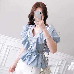 Summer Korean lady sweet belt lace shirt Ruffle Stripe Shirt