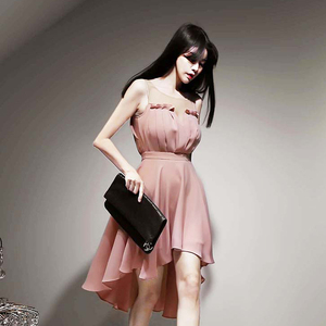 Korean version of Sishi show thin mesh round neck sexy sleeveless high waist Ruffle Dress