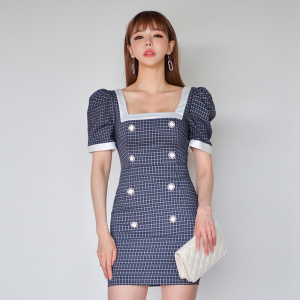 Summer Korean color block square neck bubble sleeve double breasted small check hip dress