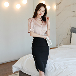 Spring and summer style hollow Lapel short sleeve shirt and side breasted buttock skirt