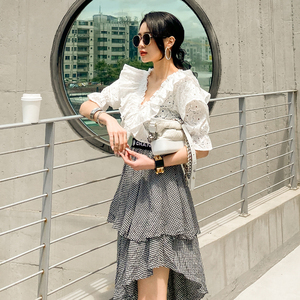 South Korean slim high waist summer irregular bevel elastic waist thin plaid skirt