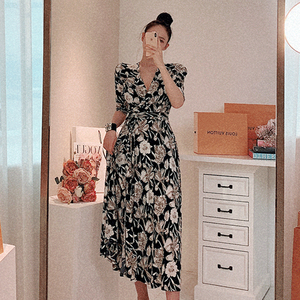 Spring and summer Korean Style Floral fit V-Neck long slit wrap dress