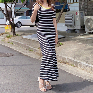 Summer Korean color collar short sleeve stripe slim dress