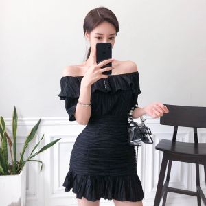 Summer Korean slim off shoulder Ruffle waistband dress