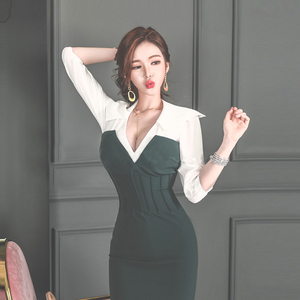 Autumn style turn over collar color contrast waist show slim fit V-neck medium length dress