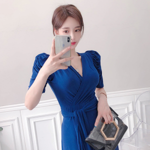 Korean style V-neck bubble sleeve waistband slim down wide leg pants casual Romper