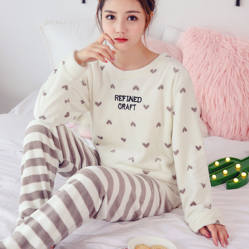 睡衣女甜美可爱大码珊瑚绒加绒加厚长袖法兰绒家居服秋冬季套装暖