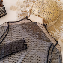 Spring and autumn transparent inner mesh bottoming shirt womens long-sleeved lace black sand-through top super fairy wild thin gauze clothes