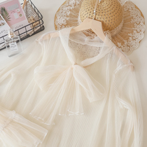 Super fairy bow lace bottoming shirt womens spring white long-sleeved Western-style yarn clothes with fairy mesh top fairy
