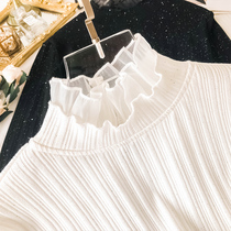 European Spring and Autumn Sweater womens wild lace high neck knitted base shirt Foreign Air White plus Velvet