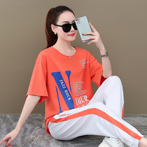 Short sleeve sports casual set women summer 2021 new fashion slim round neck T-shirt loose foot pants two-piece