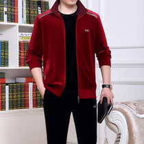 New gold velvet sports suit mens spring and autumn middle-aged sportswear long sleeve size three-piece middle-aged dad