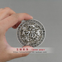 Vintage old Miao silver white bronze child round dragon Phoenix blessing word bat pendant pendant car hanging two sides pattern