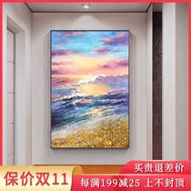 Sea Sunrise landscape painting modern light luxury gold foil decorative painting porch aisle vertical painting hand-painted custom oil painting