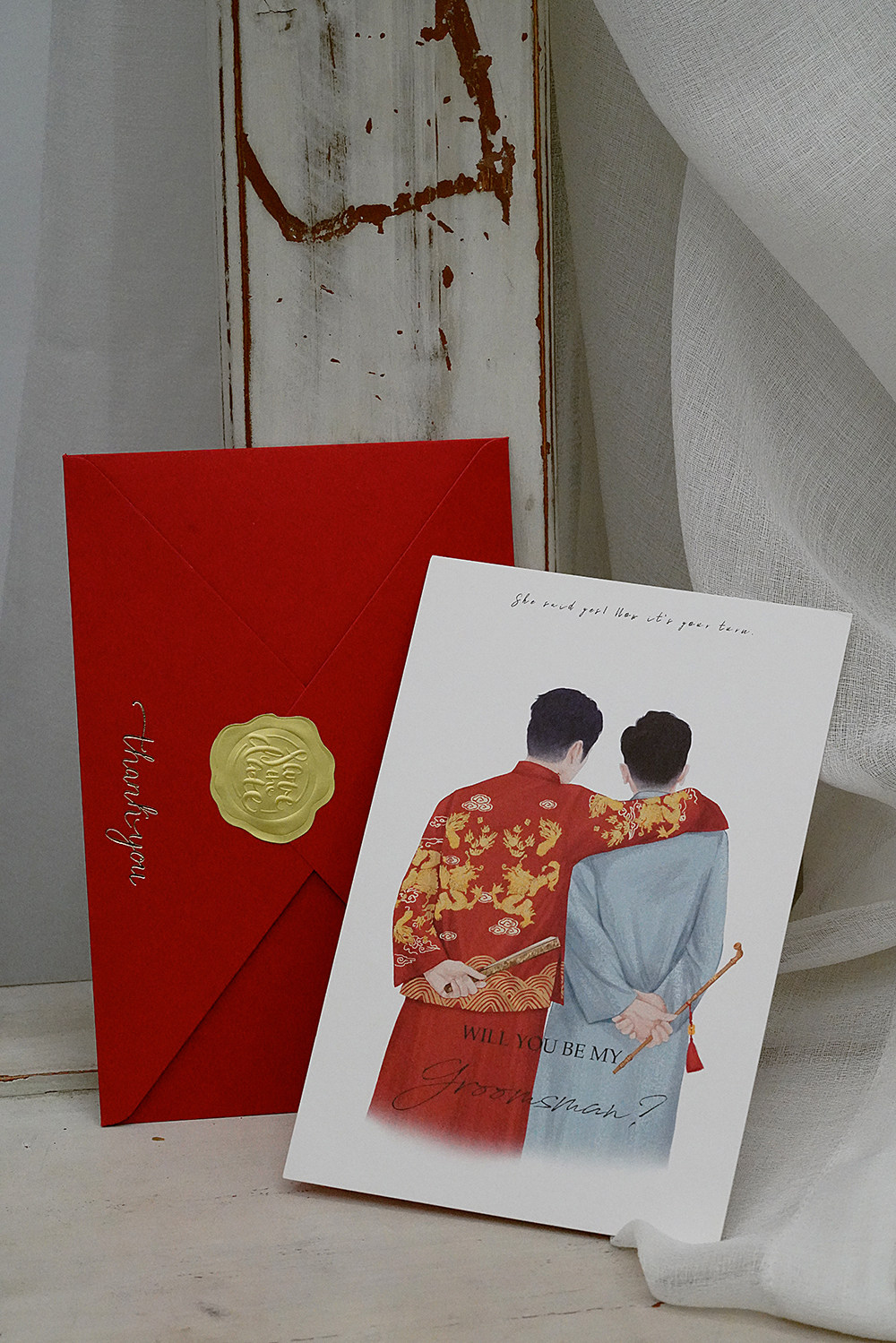 画画手绘漫画中式伴娘伴郎邀请卡伴手礼手写卡