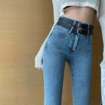 Autumn and winter sexy belt jeans design sense high waist slim small foot pants tight nine points pencil pants